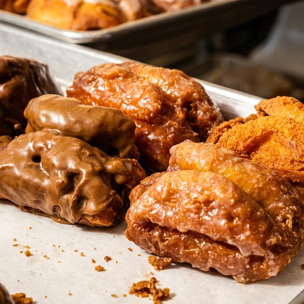 Assorted glazed and chocolate-coated pastries arranged on a parchment-lined bakery tray.