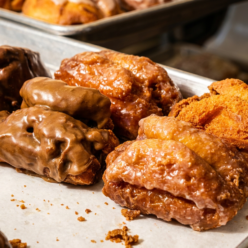 Assorted glazed and chocolate-covered pastries arranged on a parchment-lined bakery tray.