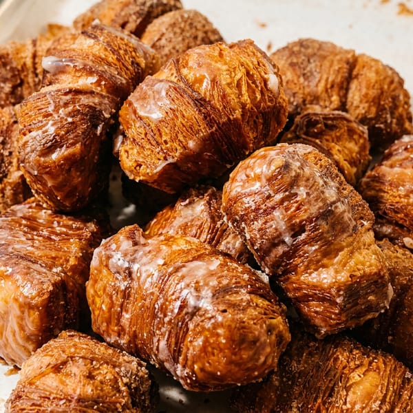 Pile of golden-brown laminated pastries, some glazed with white icing, arranged on a parchment-lined baking tray.