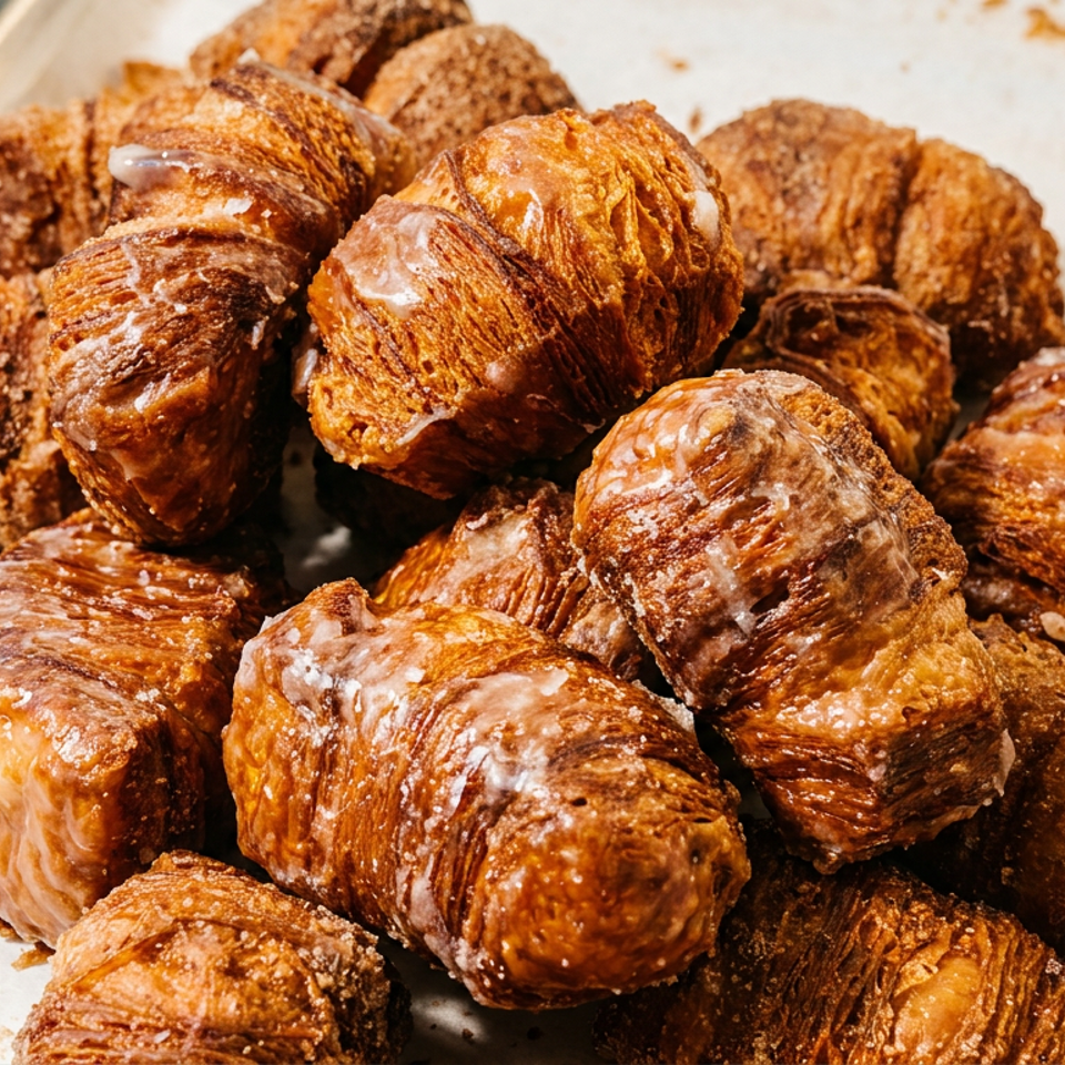 Pile of golden-brown laminated pastries with flaky layers, glaze, and cinnamon sugar on a parchment-lined baking tray.